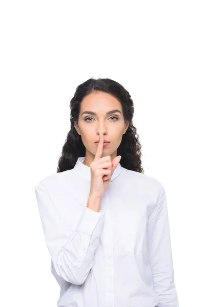 Mujer con símbolo de silencio - foto de stock