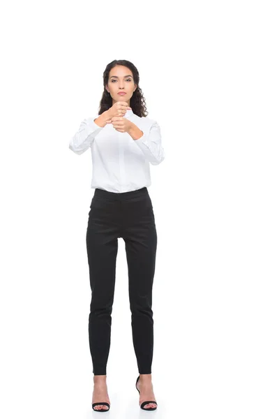 Frau gestikuliert in Gebärdensprache — Stockfoto