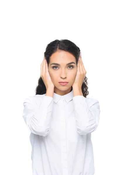 Femme d'affaires fermer les oreilles avec les mains — Photo de stock