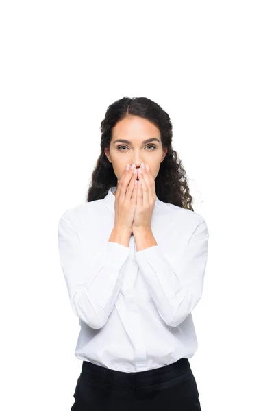 Femme d'affaires fermer les oreilles avec les mains — Photo de stock