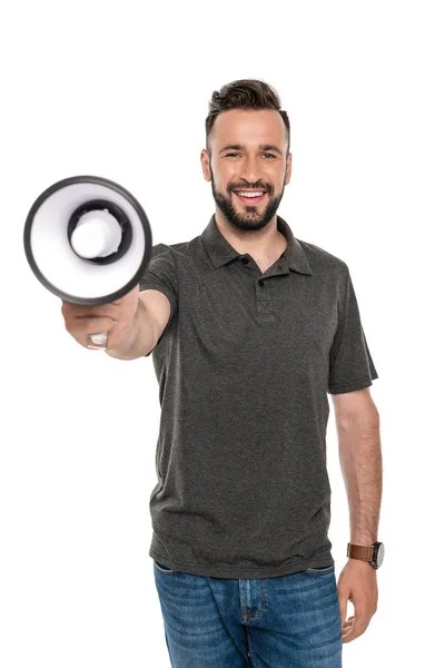 Homme souriant avec haut-parleur — Photo de stock