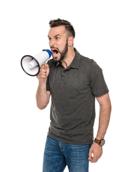 Hombre gritando en altavoz - foto de stock