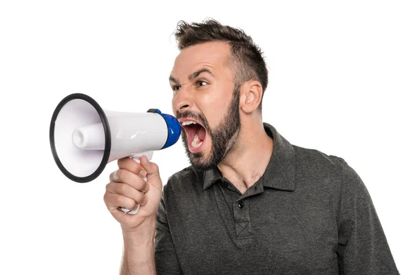 Hombre gritando en altavoz - foto de stock