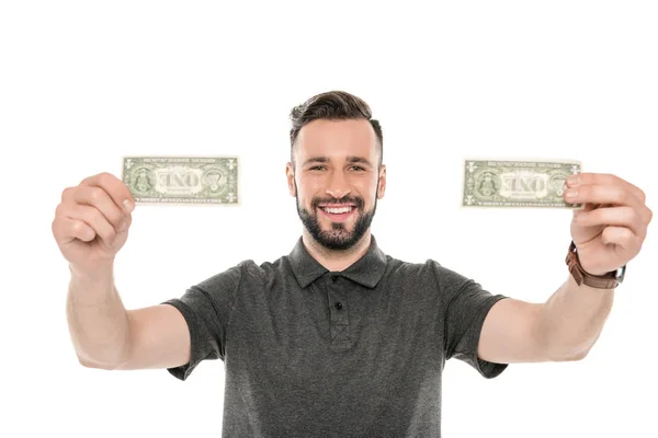 Homem segurando notas de dólar — Fotografia de Stock