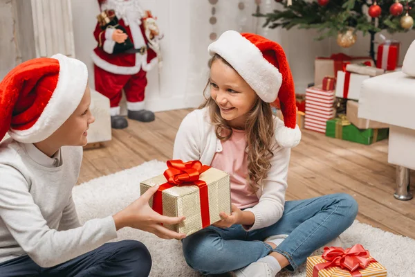 Petit garçon présentant un cadeau à sœur — Photo de stock