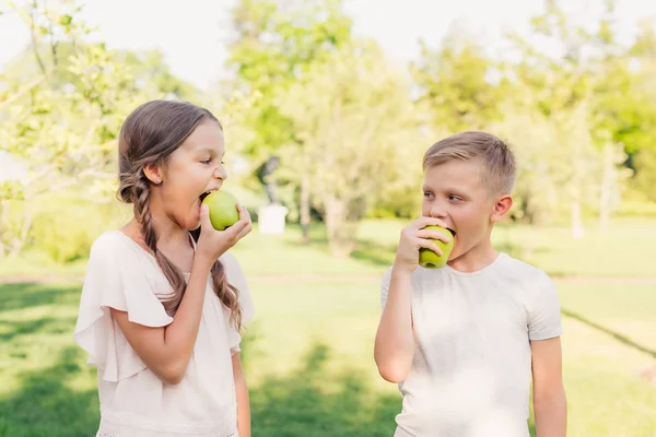 Niños comiendo manzanas - foto de stock