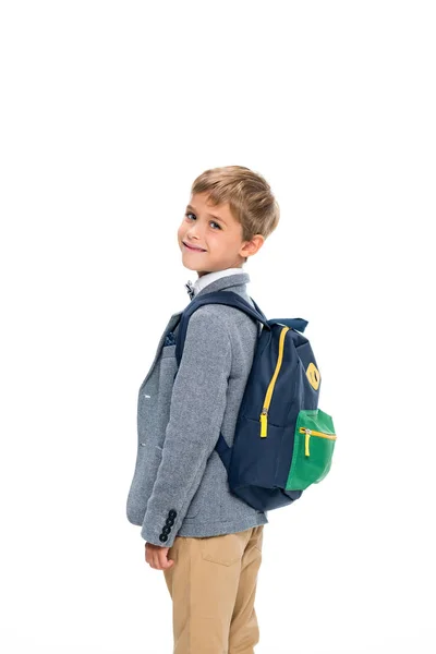 Colegial sonriente con mochila - foto de stock