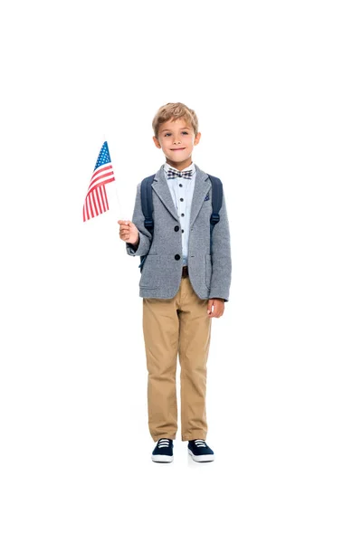 Щасливий школяр з прапором США — стокове фото