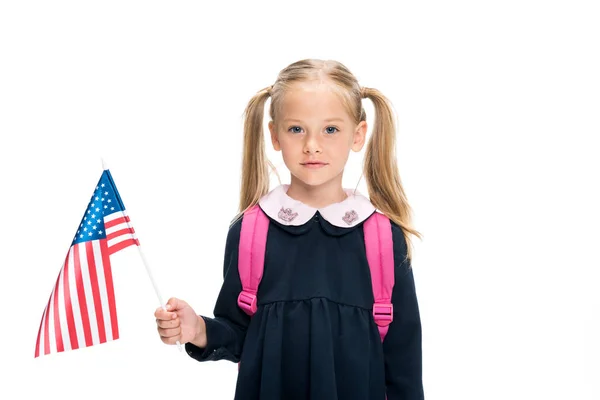 Petite écolière avec drapeau des Etats-Unis — Photo de stock