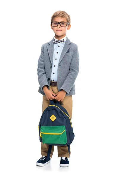 Pequeno estudante feliz com mochila — Fotografia de Stock