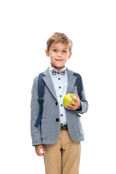 Glücklicher Schuljunge mit Apfel — Stockfoto