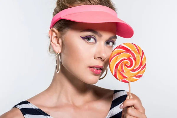 Fashionable woman with lollipop — Stock Photo