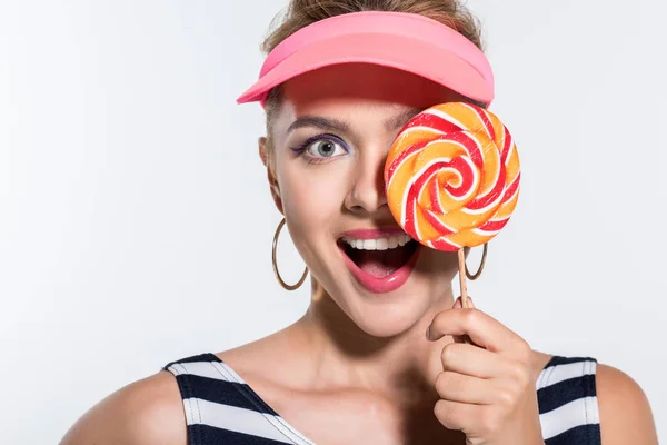 Fashionable woman with lollipop — Stock Photo