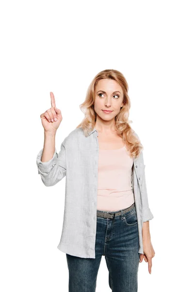 Woman pointing up with finger — Stock Photo