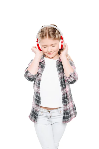 Niño feliz con auriculares - foto de stock