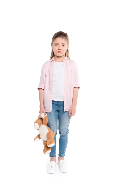 Sad girl holding teddy bear — Stock Photo