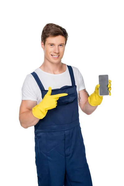 Cleaner showing smartphone — Stock Photo