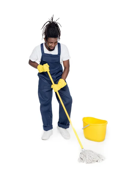 Cleaner with mop and bucket — Stock Photo