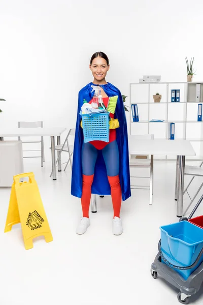 Asian cleaner in superhero costume — Stock Photo