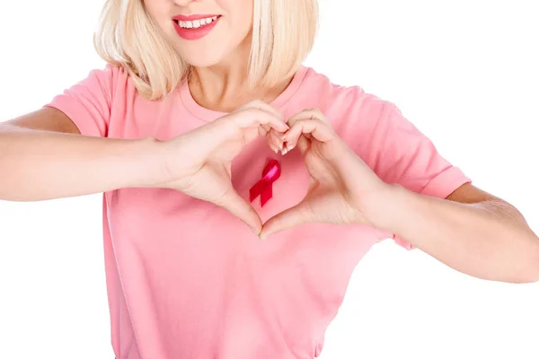 Woman with ribbon and hand heart — Stock Photo