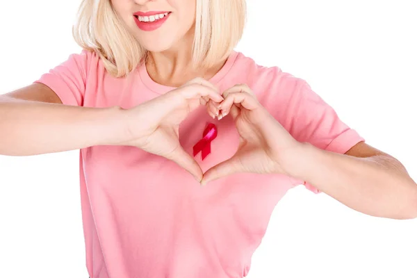 Frau mit Schleife und Handherz — Stockfoto