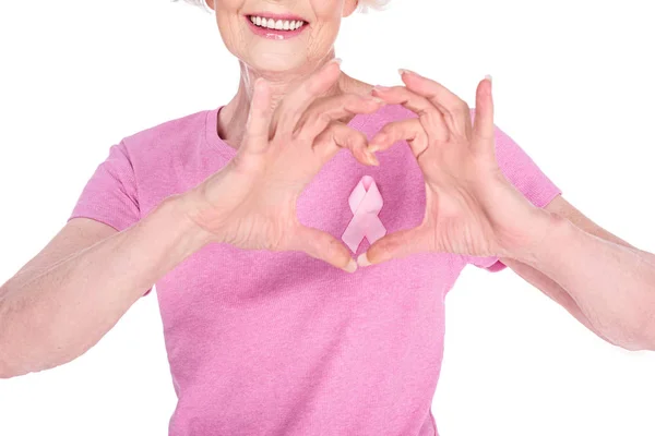Woman with ribbon and hand heart — Stock Photo