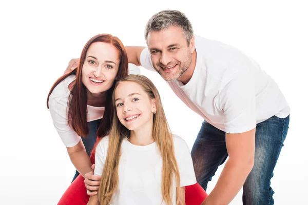 Família sentado em cadeira saco de feijão — Fotografia de Stock