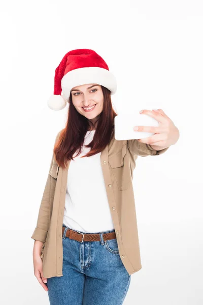 Femme en santa chapeau prendre selfie — Photo de stock