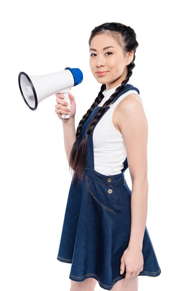 Asian woman with loudspeaker — Stock Photo