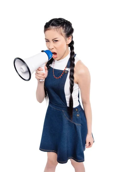 Screaming asian woman with loudspeaker — Stock Photo