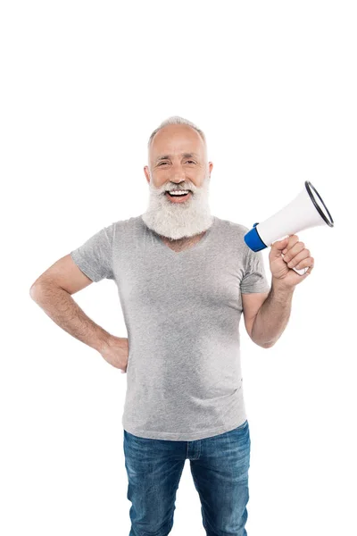 Homme âgé joyeux avec haut-parleur — Photo de stock
