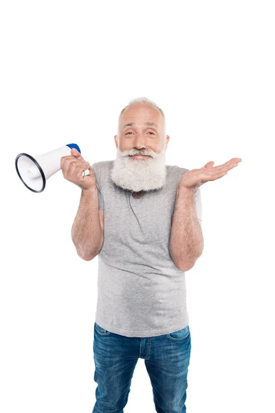 Homme âgé souriant avec haut-parleur — Photo de stock