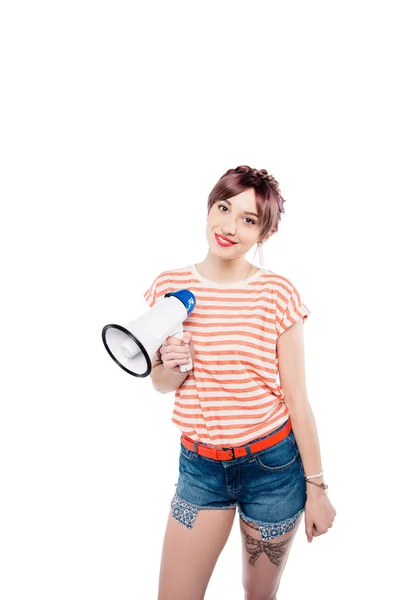Smiling young woman with loudspeaker — Stock Photo