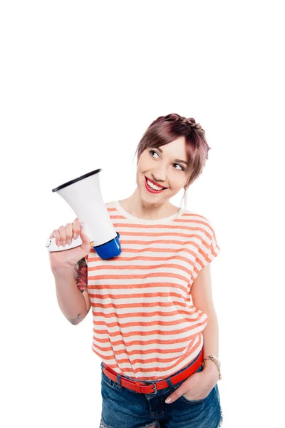 Smiling young woman with loudspeaker — Stock Photo