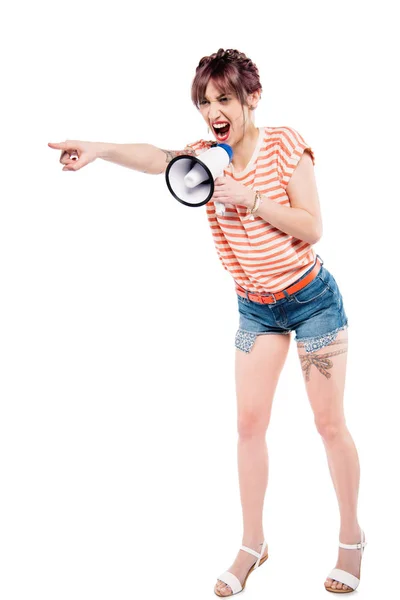 Screaming young woman with loudspeaker — Stock Photo