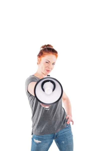 Mulher segurando megafone — Fotografia de Stock