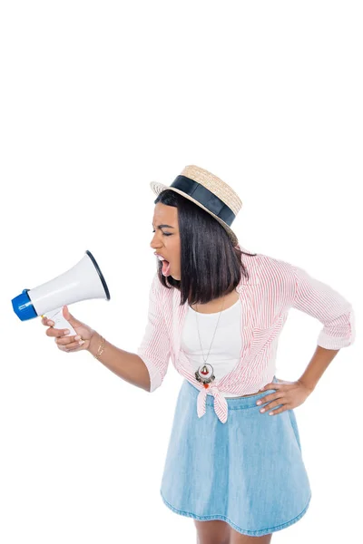 Angry african american woman with loudspeaker — Stock Photo