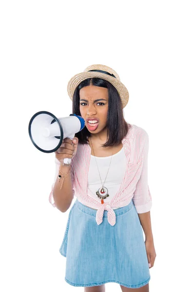 Angry african american woman with loudspeaker — Stock Photo