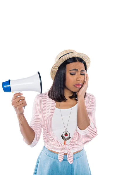 Sad african american woman with loudspeaker — Stock Photo