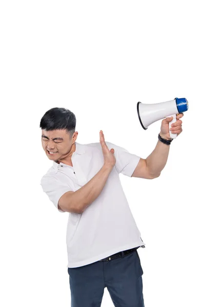 Asiático homem com bullhorn na mão — Fotografia de Stock
