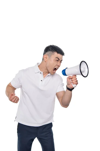Screaming asian man with bullhorn — Stock Photo
