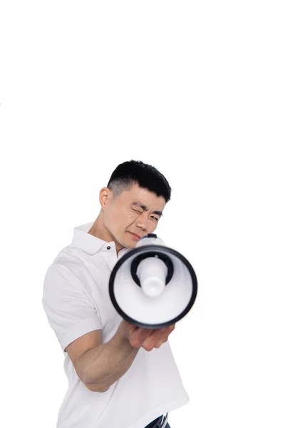 Asian man with bullhorn — Stock Photo