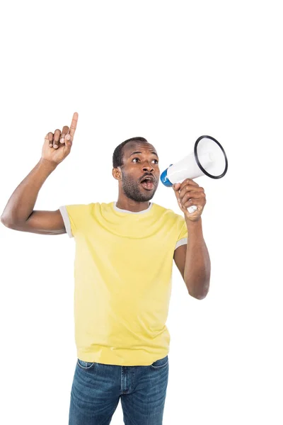 Excited african american man with bullhorn — Stock Photo