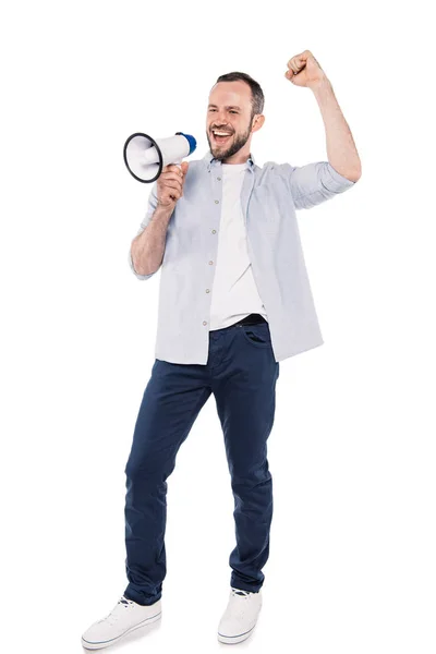 Hombre caucásico feliz con altavoz - foto de stock