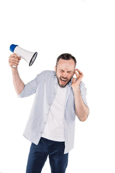 Emotional caucasian man with loudspeaker — Stock Photo