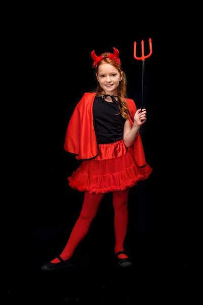 Child in costume of devil with pitchfork — Stock Photo