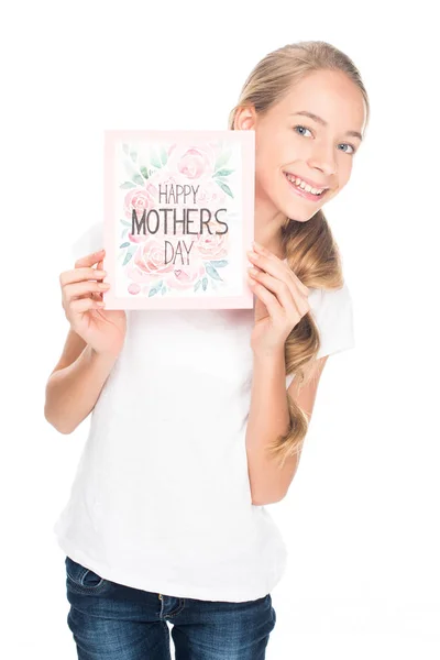 Підліток з вітальною листівкою на день матері — стокове фото