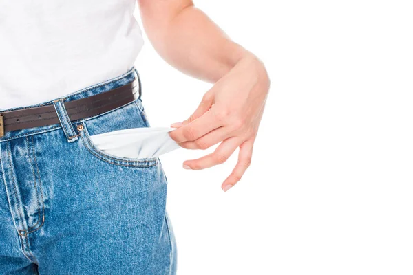 Pobre mujer con el bolsillo vacío - foto de stock