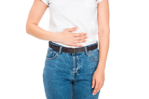 Mujer con dolor de estómago - foto de stock