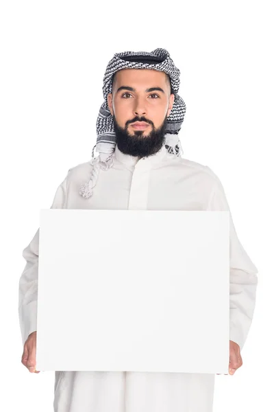 Muslim man holding blank board — Stock Photo